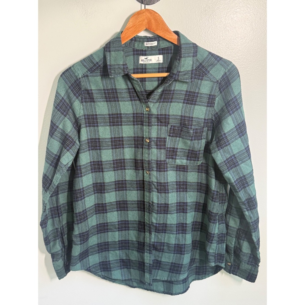 Hollister Womens Green Navy Blue Plaid Flannel Shirt Boyfriend Fit Small S